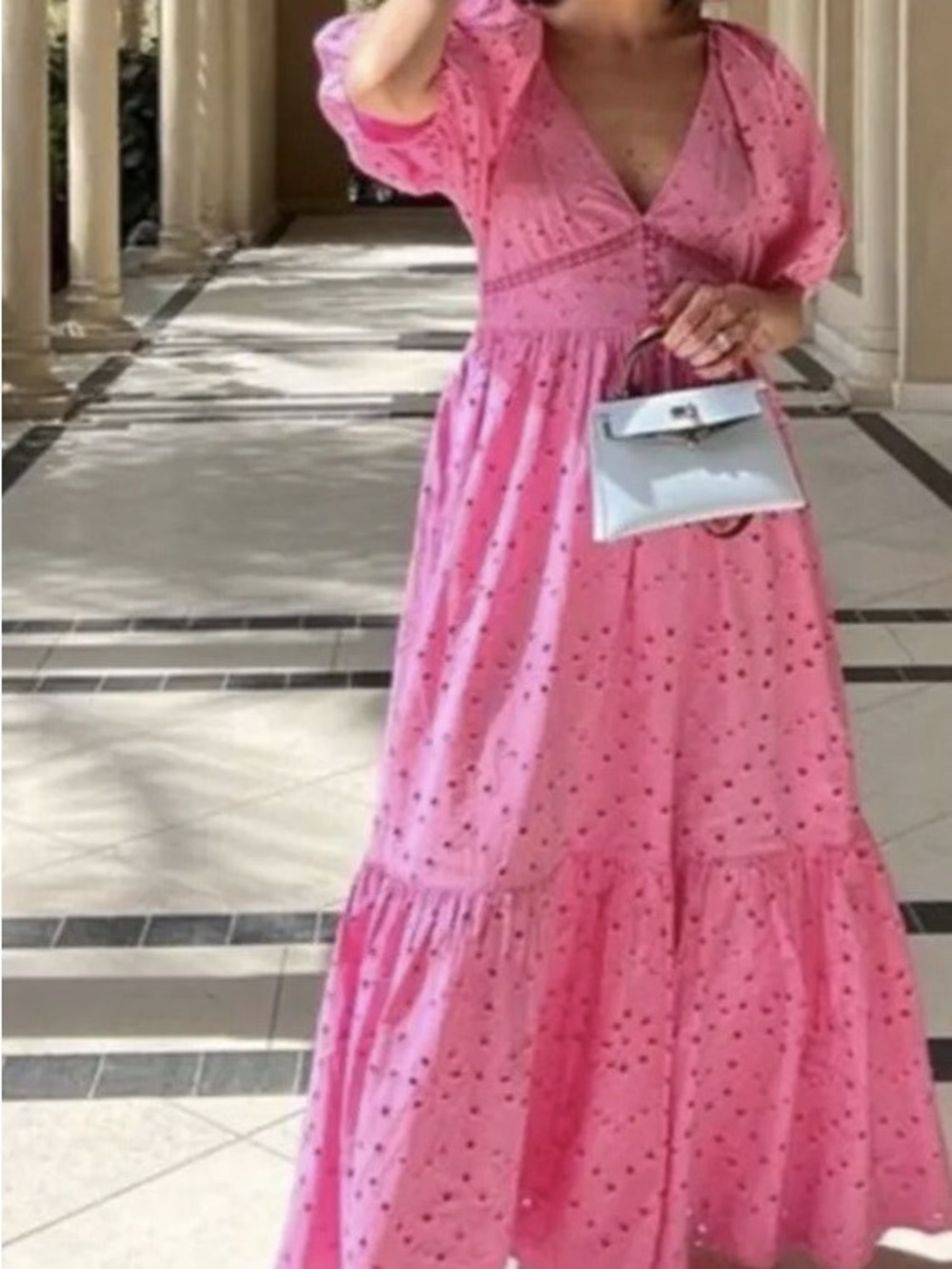 Zara Pink Eyelet V-Neck Midi Dress with Puff Sleeves